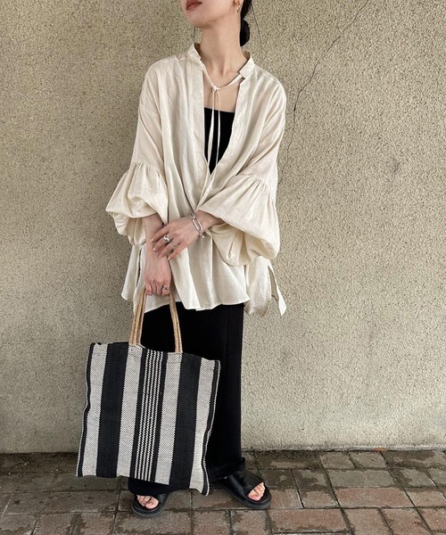 【新品】セレクトモカ スキッパーシャツ ブラウス　ゆったり レーヨン 麻 リネン ブラウス シャツ ボリュームスリーブリネンスキッパーシャツ