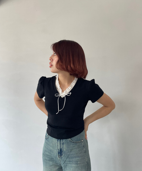 tシャツ フリルVネック パフショートスリーブトップス FX24S055「Fano