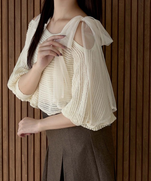 Ambre Neige tシャツ 2way mesh ribbon tops / 2wayメッシュ