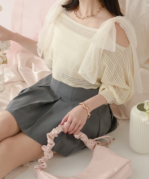Ambre Neige tシャツ 2way mesh ribbon tops / 2wayメッシュ
