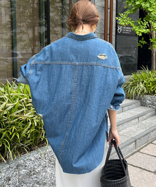 DouDou シャツ ブラウス ライトダメージデニムシャツ レディース