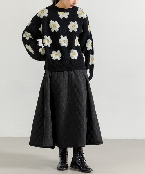 DimMoire 黒 キルティングフレアスカート スカート 秋冬 膝丈 あったか キルティング フレア ミモレ 丈 ウエスト