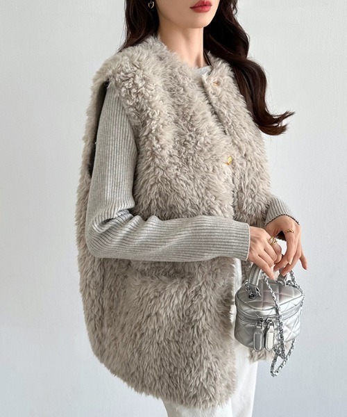 COCOMOMO ベスト ジレ 金ボタン クルーネック ボアベスト ポケット付き