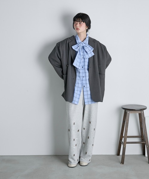 THE Yon ブラウス シャツ ビッグボウタイグラフチェックシャツ