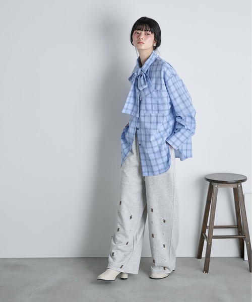 THE Yon ブラウス シャツ ビッグボウタイグラフチェックシャツ