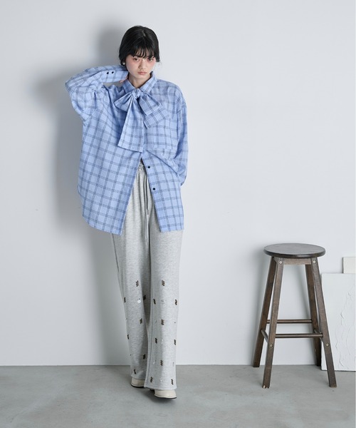 THE Yon ブラウス シャツ ビッグボウタイグラフチェックシャツ