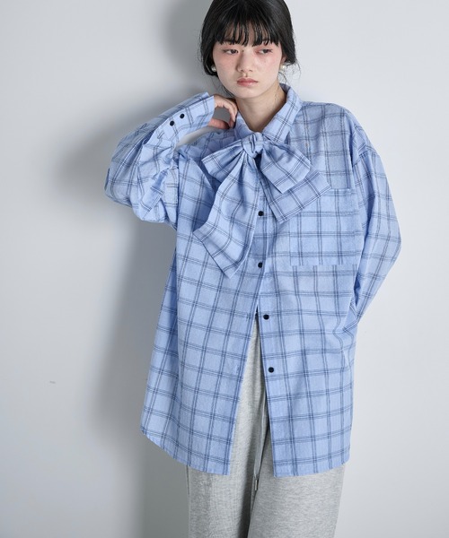 THE Yon ブラウス シャツ ビッグボウタイグラフチェックシャツ