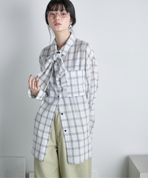 THE Yon ブラウス シャツ ビッグボウタイグラフチェックシャツ