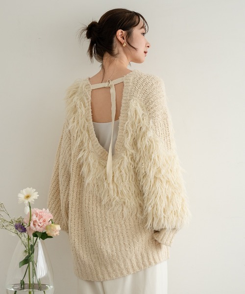 ニット セーター YAKアシンメトリーニットカーディガン レディース mideal ニット セーター back design asymmetry shaggy knit