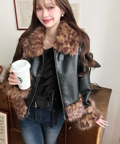 moment+ ムートンコート ボアコート フェイクレザー×フェイクファー