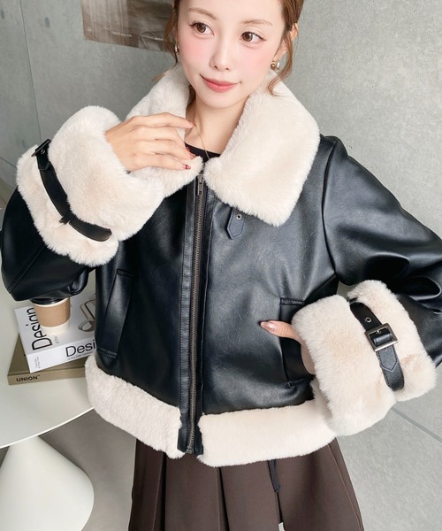 moment+ ムートンコート ボアコート フェイクレザー×フェイクファー