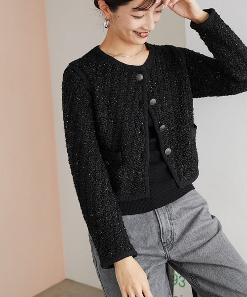 ◆美品◆ヴェルメイユパーイエナ◆24AW◆ツイードニットカーディガン◆黒◆フリー ◇美品◇ヴェルメイユパーイエナ◇24AW◇ツイードニットカーディガン