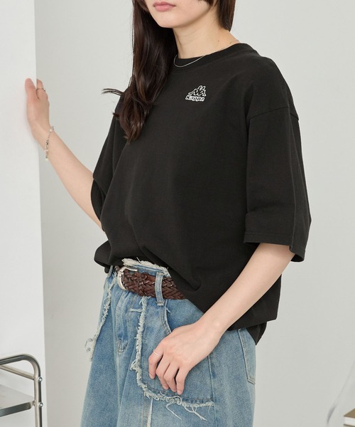 KAPPA 売れ筋商品|||カッパ Tシャツ トップス レディース T-shirts Black Kappa tシャツ Kappa/カッパ 別注 ロゴ刺繍 オーバーサイズ半袖T
