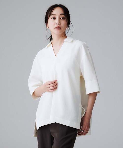 ブラウス シャツ 「UVカット/接触冷感/吸水速乾/ゆったり」V開きネックシャツ レディース