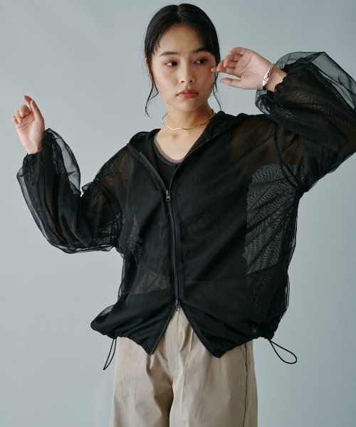 terrace パーカー チュールレース×メッシュレイヤードフーディー