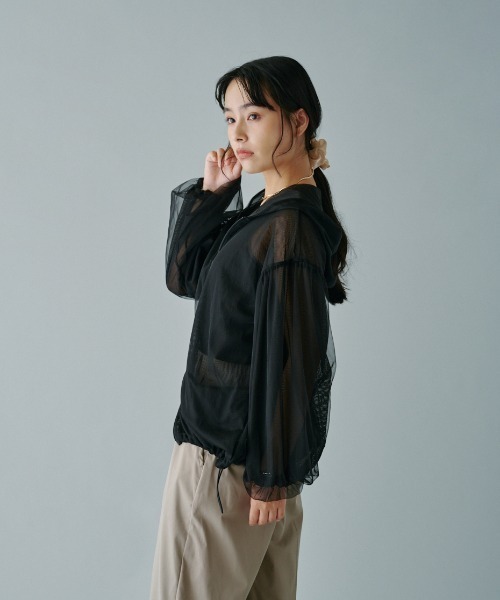 terrace パーカー チュールレース×メッシュレイヤードフーディー