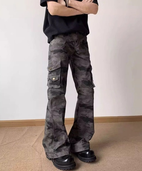 迷彩 カーゴフレアパンツ FreeZone カーゴパンツ ユニセックス迷彩カーゴフレアパンツ