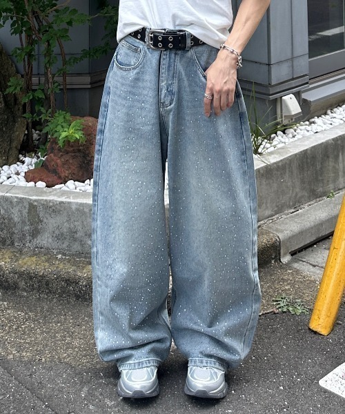 ADAMASTE ジーンズ rhinestone jewelry baggy denim pants