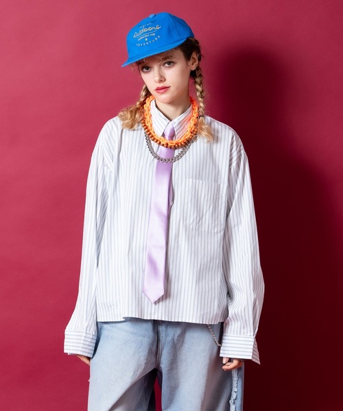 Low Classic ストラップ オーバーシャツ 二枚組み風トップス 長袖 シャツ ストライプ柄 レディース 長袖 トップス 送料無料・(50)メール
