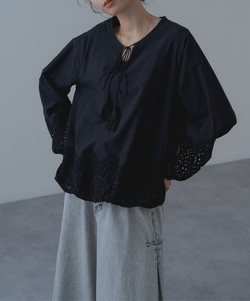ブラウス シャツ 「refinedworks」裾レース × バルーン シルエット 