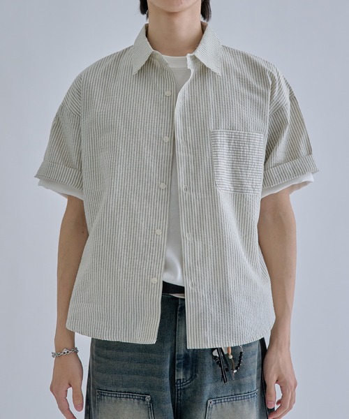 シャツ 半袖 Seersucker Striped Shirt / シアサッカーストライプ