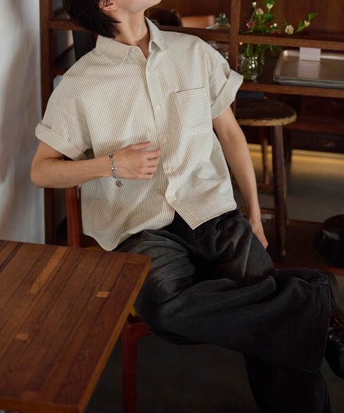 シャツ 半袖 Seersucker Striped Shirt / シアサッカーストライプ