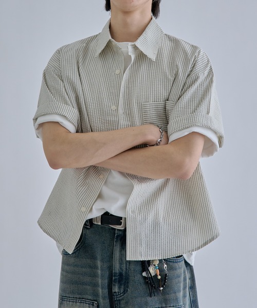 シャツ 半袖 Seersucker Striped Shirt / シアサッカーストライプ
