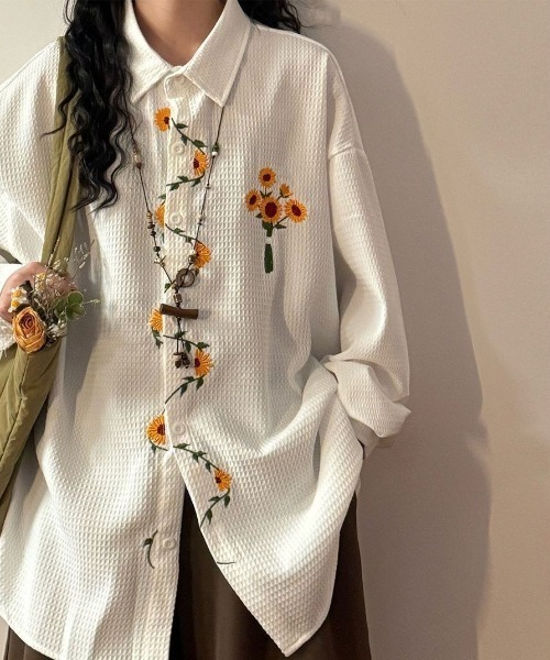 FreeZone シャツ ひまわり刺繍デザイン オーバーサイズ 長袖シャツ