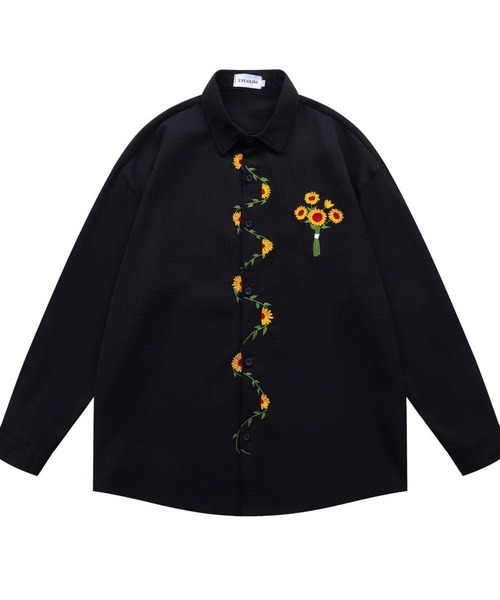 XL！新品！未使用！WEIRDO 刺繍デザイン 長袖シャツ！ FreeZone シャツ ひまわり刺繍デザイン オーバーサイズ 長袖シャツ