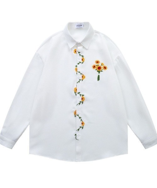 FreeZone シャツ ひまわり刺繍デザイン オーバーサイズ 長袖シャツ
