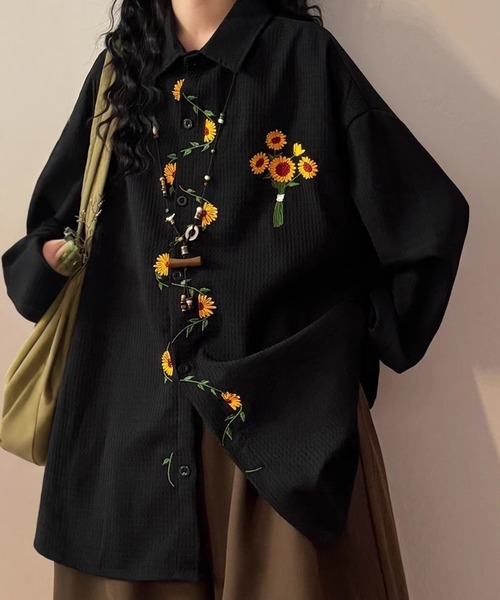 FreeZone シャツ ひまわり刺繍デザイン オーバーサイズ 長袖シャツ