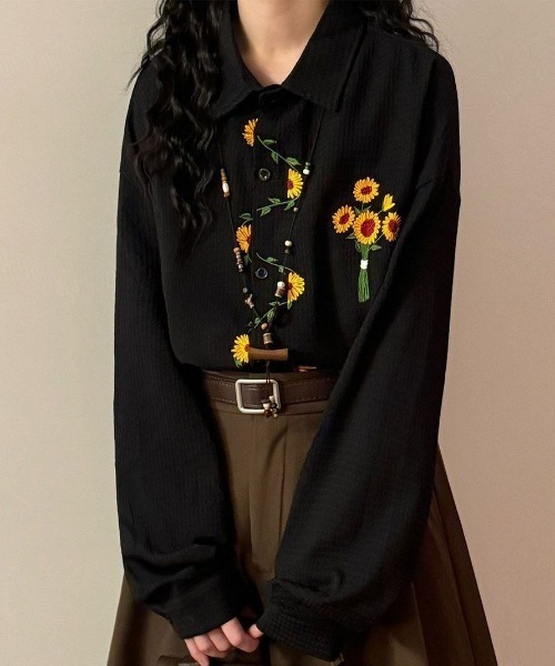 FreeZone シャツ ひまわり刺繍デザイン オーバーサイズ 長袖シャツ