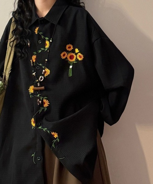 FreeZone シャツ ひまわり刺繍デザイン オーバーサイズ 長袖シャツ