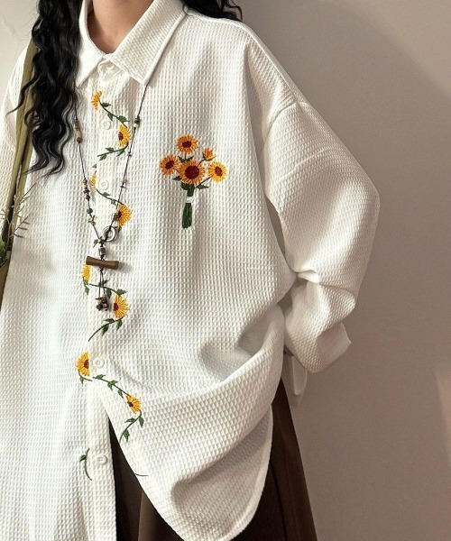 FreeZone シャツ ひまわり刺繍デザイン オーバーサイズ 長袖シャツ