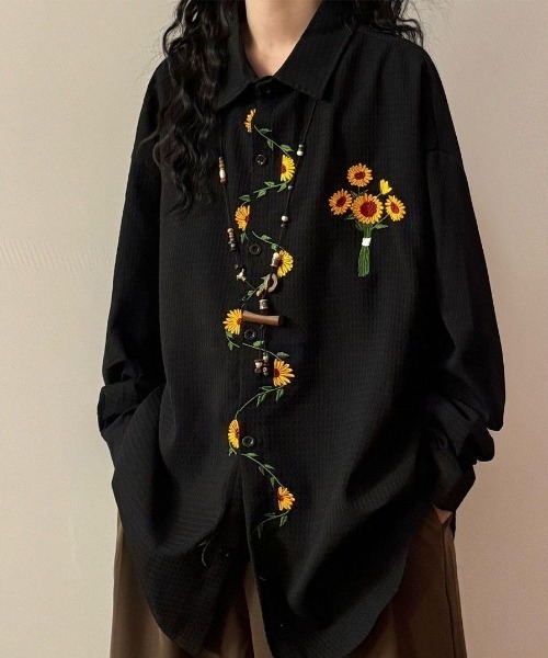 刺繍オーバーシャツ ブラック FreeZone シャツ ひまわり刺繍デザイン オーバーサイズ 長袖シャツ