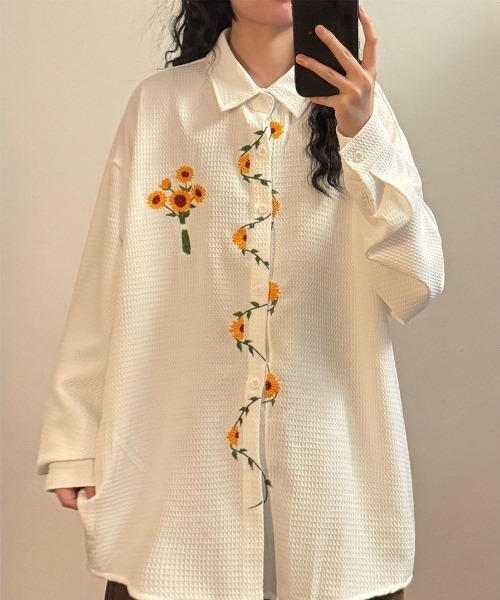 XL！新品！未使用！WEIRDO 刺繍デザイン 長袖シャツ！ FreeZone シャツ ひまわり刺繍デザイン オーバーサイズ 長袖シャツ
