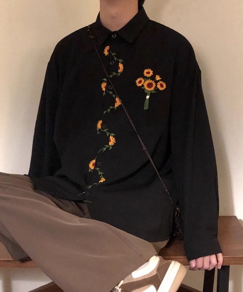 FreeZone シャツ ひまわり刺繍デザイン オーバーサイズ 長袖シャツ