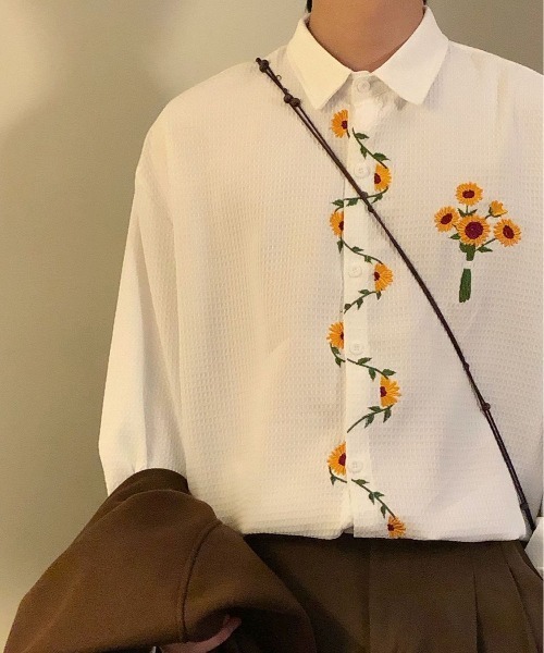 FreeZone シャツ ひまわり刺繍デザイン オーバーサイズ 長袖シャツ