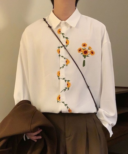 FreeZone シャツ ひまわり刺繍デザイン オーバーサイズ 長袖シャツ