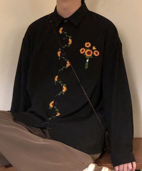 刺繍オーバーシャツ ブラック セール】ワンポイント刺繍/オーバーサイズ/サマーニットポロシャツ