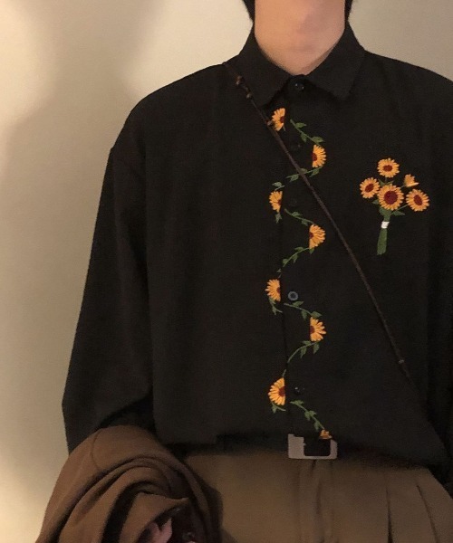 FreeZone シャツ ひまわり刺繍デザイン オーバーサイズ 長袖シャツ