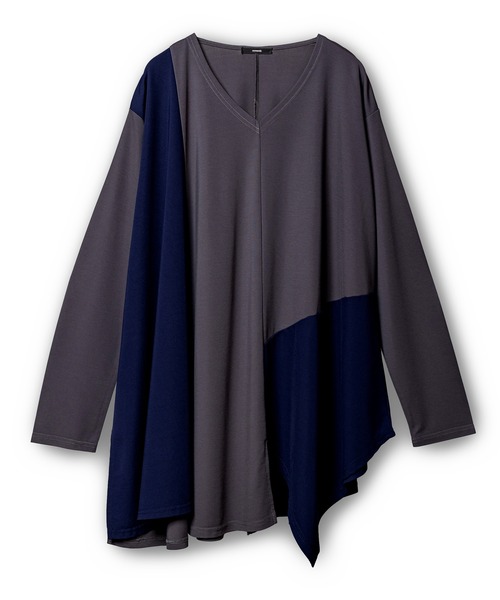 Ujoh ウジョー 切替アシンメトリー プルオーバー スウェット 紺 ​ OSMOSIS（オズモーシス） tシャツ アシンメトリー切替フレアープル