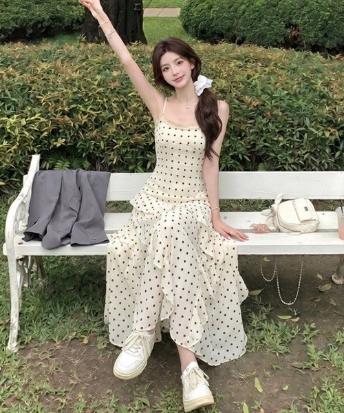 ワンピース ドット柄 レーストリム アシンメトリー ティアード フリル