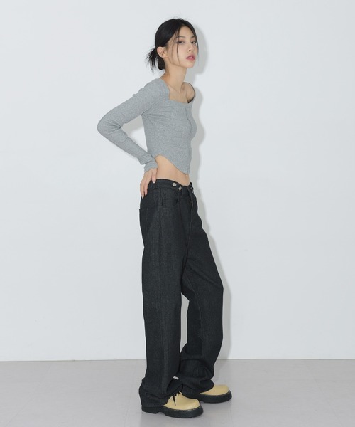 バックボタン ワイド デニム ストレート 春夏 カジュアル cr8645 バックボタン ワイド デニム ストレート 春夏 カジュアル cr8645