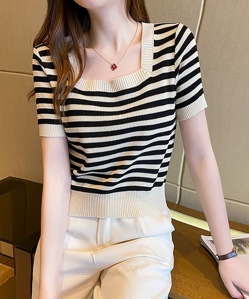 MAISON DE THERESE tシャツ スクエアネックボーダー柄ニットT
