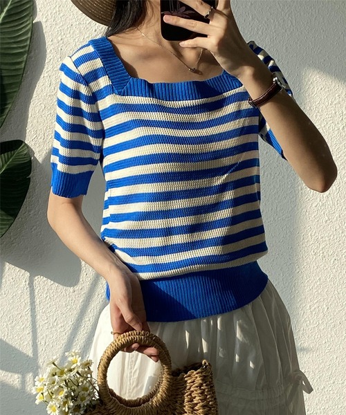 MAISON DE THERESE tシャツ スクエアネックボーダー柄ニットT