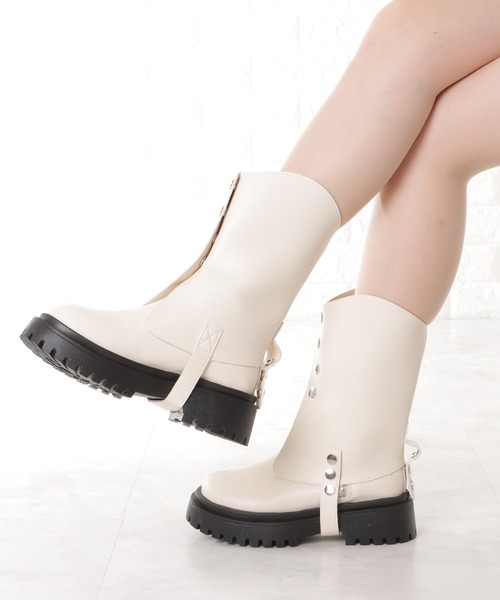 Lace Ladies ブーツ レザー調スタッズ付き厚底ミドルブーツ