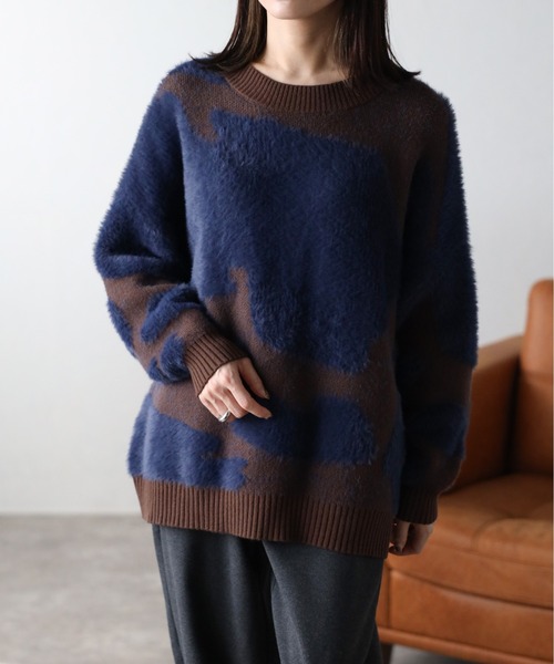 ニット セーター フェザー×杢ストレッチジャガードニット レディース