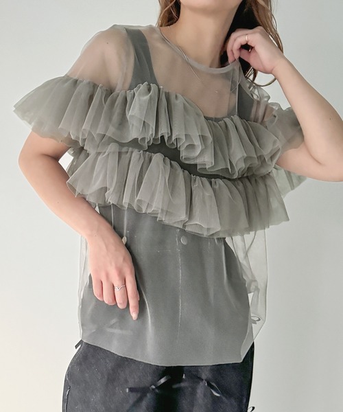 JUNOAH tシャツ 半袖フリルチュールトップス レディース