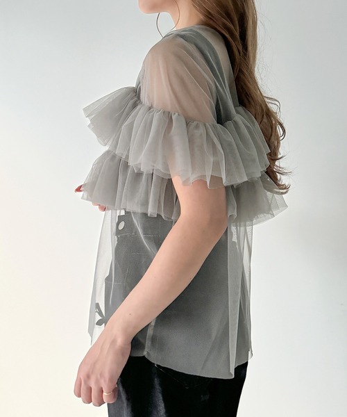 JUNOAH（ジュノア） tシャツ 半袖フリルチュールトップス レディース